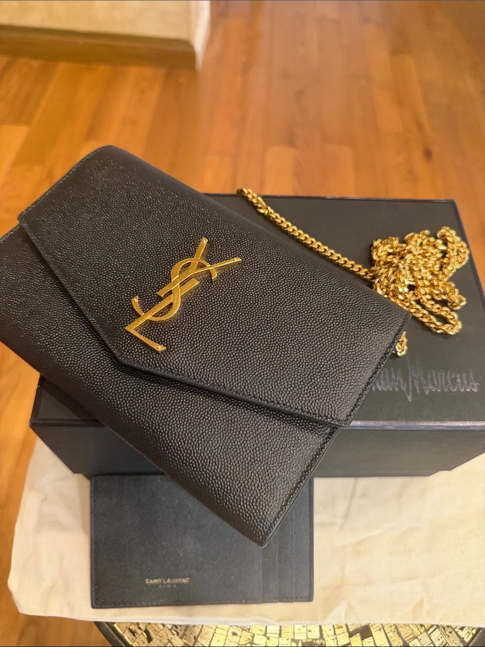 YSL Yves Saint Laurent Black Grain Leather Wallet-on-Chain with Gold Logo